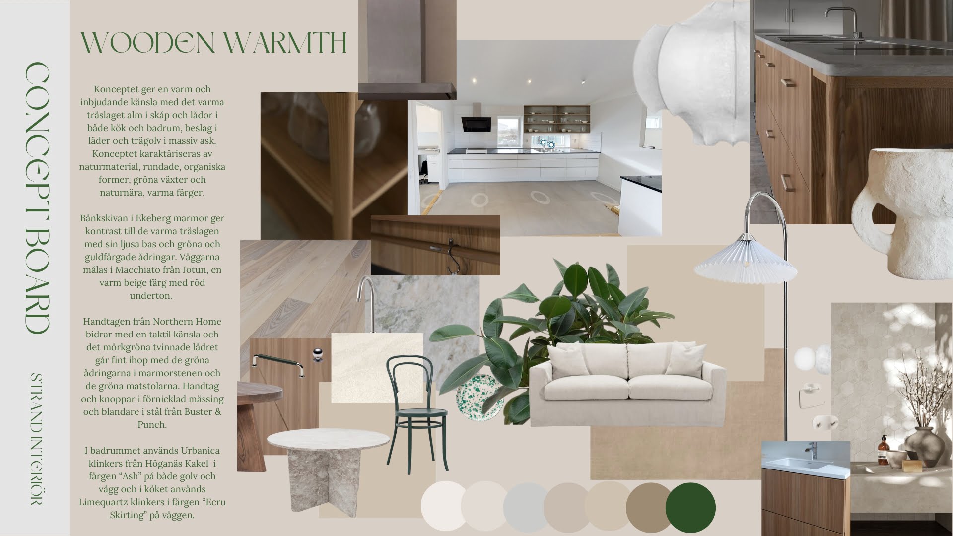 Moodboard för inredningskonceptet Wooden Warmth med trä, sten och varma toner