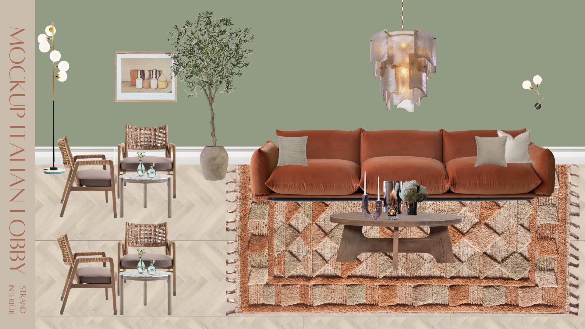 Mockup av lobbyinredning med rostbrun soffa, olivgröna väggar och naturliga material i italiensk stil.