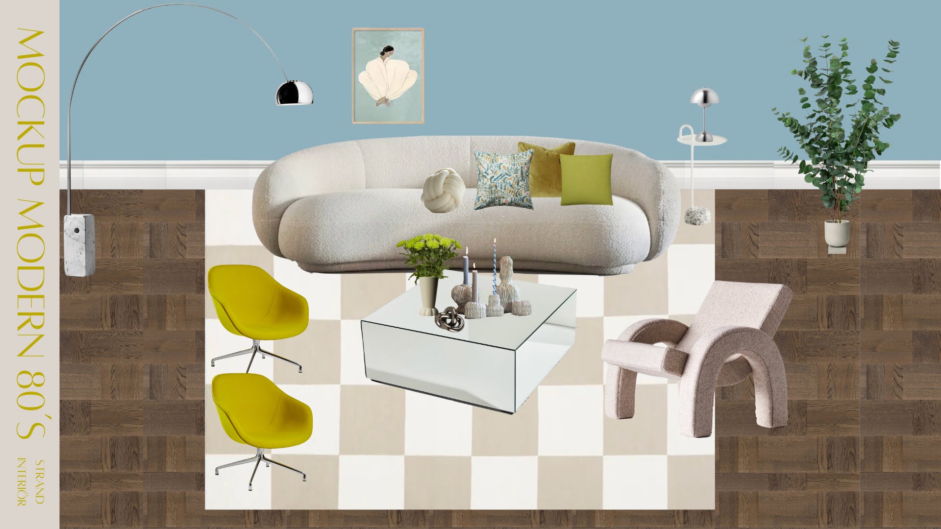 Mockup för en modern 80-tals loungemiljö från strand interiör