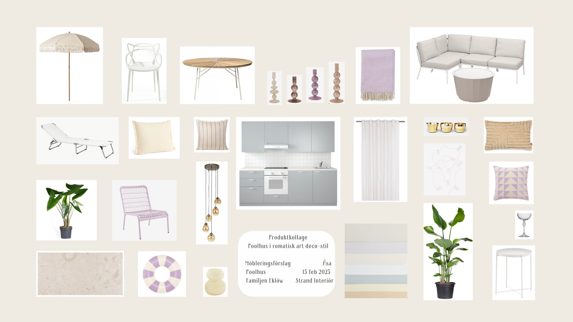 Produktkollage med möbler, belysning och textilier till inredningskoncept för poolhus