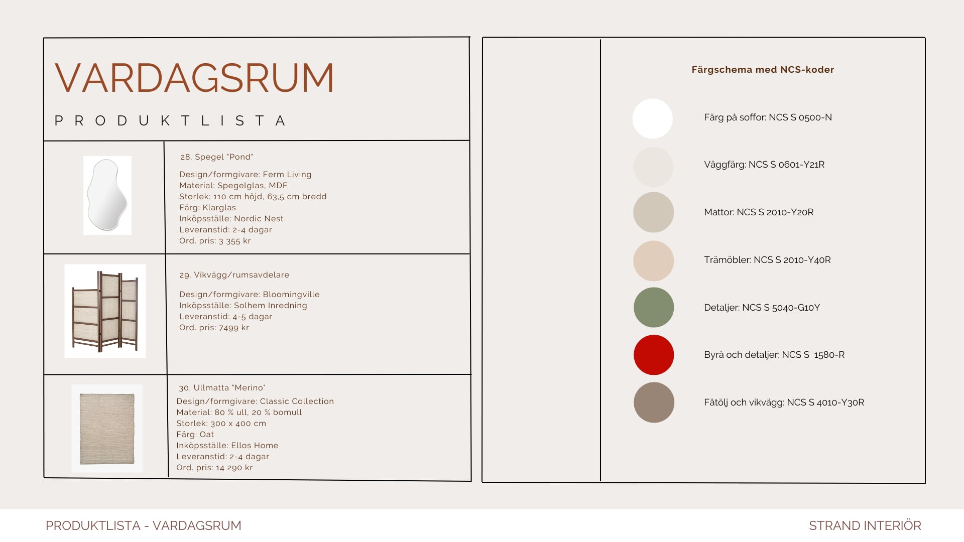 Del av produktlista & färgschema vardagsrum