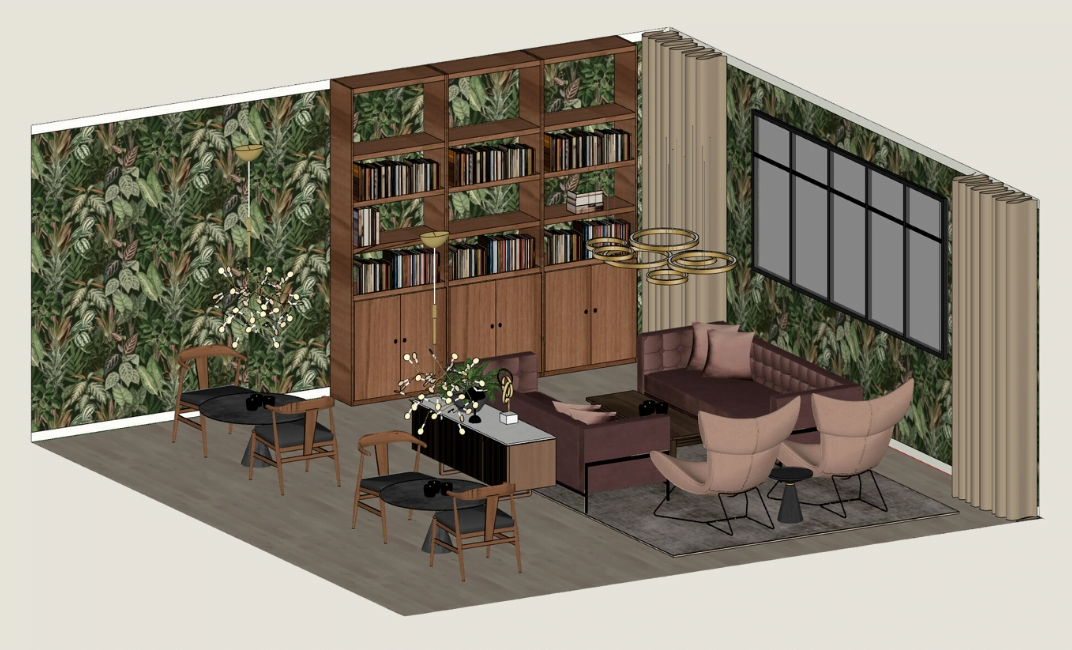 3d ritning till en miljö i ett café