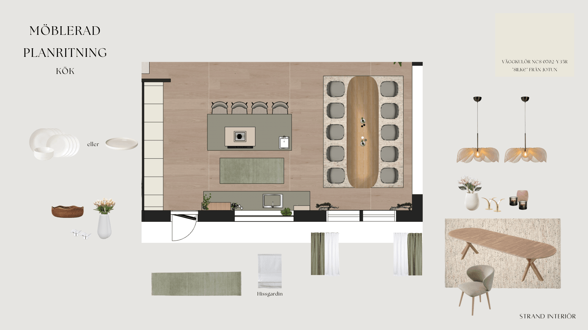 möblerad planritning över kök av strand interiör